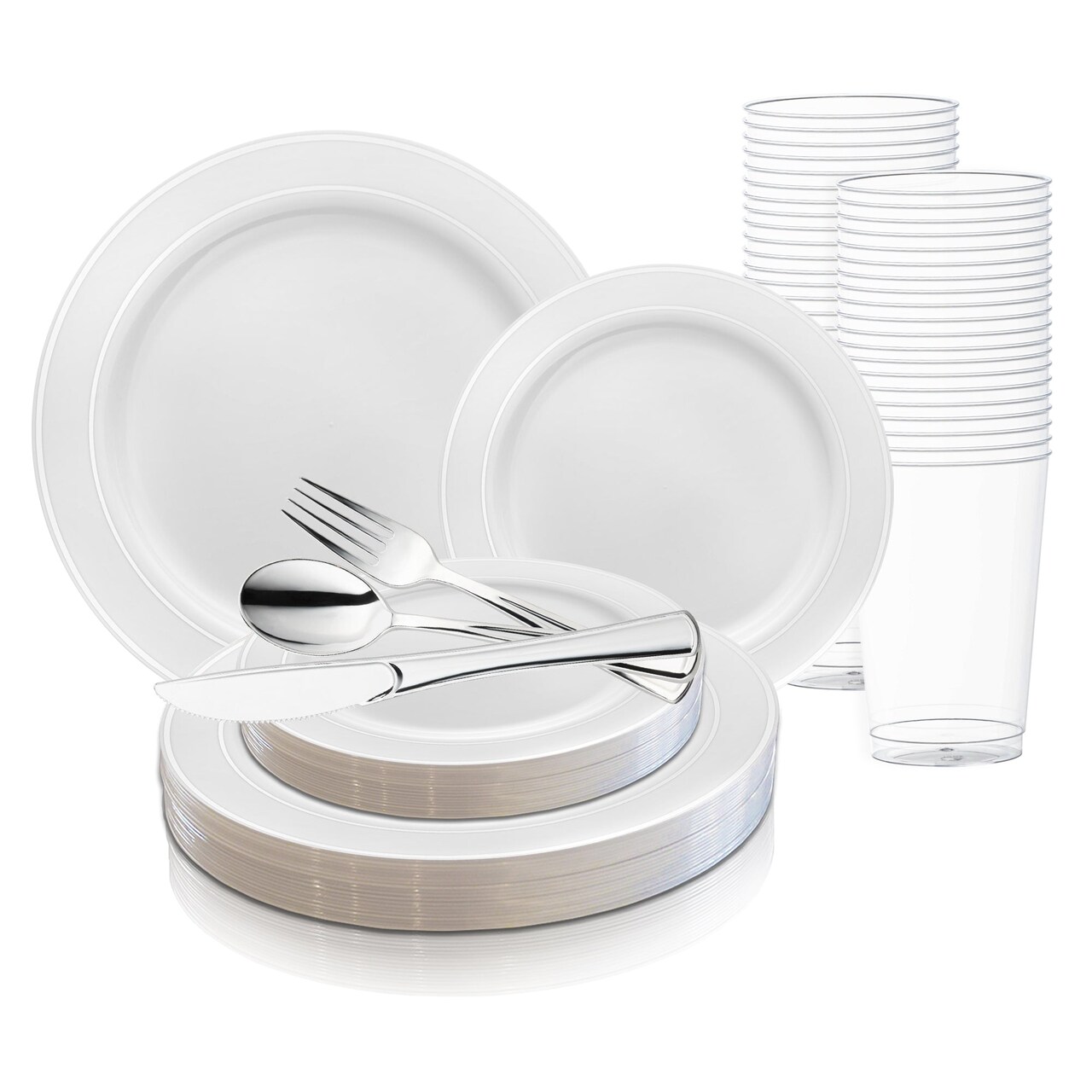 White with Silver Edge Rim Plastic Wedding Value Set (20 Settings)